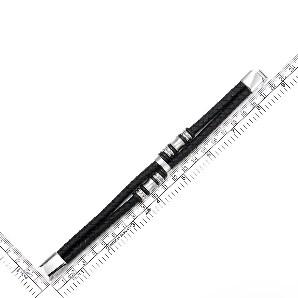 COOLSTEELANDBEYOND Men's Black Double Braided Leather Bracelet With Stainless Steel Barrel Beads, Layered Wristband With Clasp, Modern Minimalist Wrist Jewelry