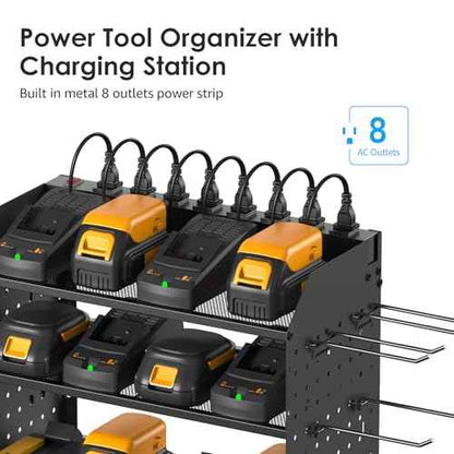 CCCEI Modular Power Tool Organizer with Charging Station. 4 Layer Wall Mount Drills Holder, Tool Battery Charger Organizer. Garage Shop Storage Utility Shelf with 10FT Power Strip, Gift for Men.