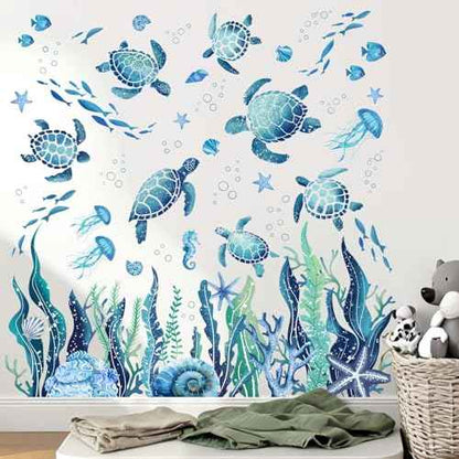 Ocean Sea Turtle Wall Stickers - Under The Sea Marine Theme Seaweed Grass Wall Decals - Baby Nursery Kids Bedroom Daycare Bathroom Wall Decor Stickers