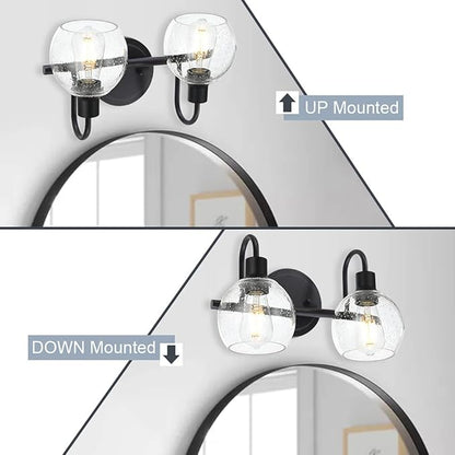 Black 2-Lights Wall Sconce Lighting with Seeded Glass Lampshades Industrial Bathroom Vanity Light Fixtures for Hallway Kitchen Bedroom