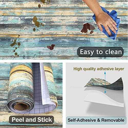 Wood Contact Paper 15.7"x118" Self-Adhesive and Removable Wood Wallpaper Peel and Stick, Blue Distressed Wood Grain Contact Paper for Cabinets Waterproof Stick on Wall Paper