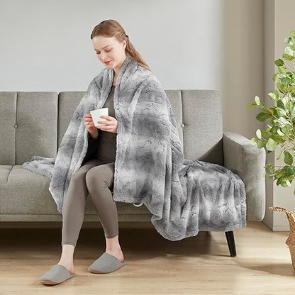 Beautyrest Zuri Reversible Faux Fur to Mink Electric Blanket, Auto Shut Off, Virtually Zero EMF, Multi Heat Setting, UL Certified, Machine Washable, Natural Marble Throw 50x70