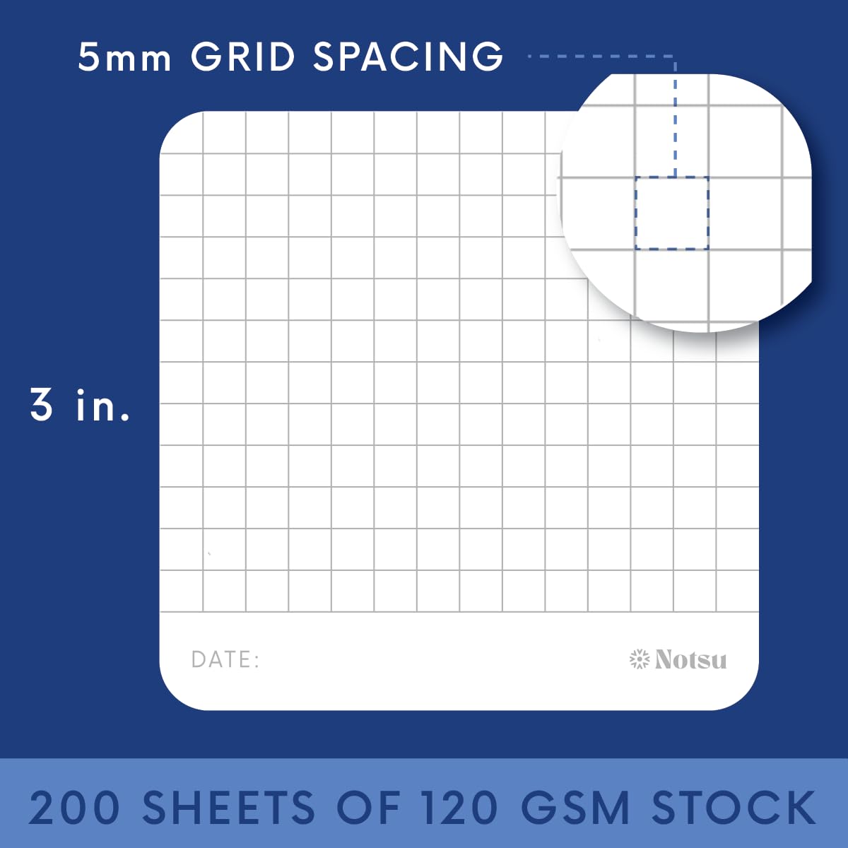 Notsu Graph Grid Sticky Notes 4pk | Premium Thick Paper 120g | Graphing Memo Pads with Date, 3" x 3"