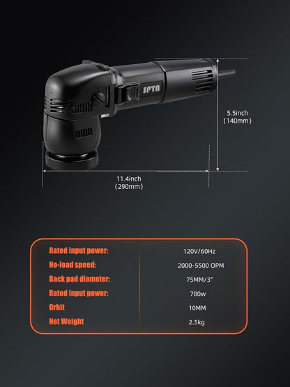 SPTA Mini Orbital Polisher - 3 Inch 10mm/780W Variable Speed Dual Action With Polishing Pads, Sanding Discs, Pad Conditioning Brush