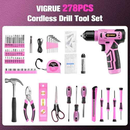 VIGRUE 278 Piece Tool Set, 8V Cordless Drill, Tool Kit with Drill, ToolBox for Men & Women, Home Hand Drill Set for Handyman, DIY (pink)