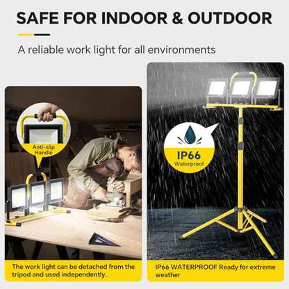 21000 Lumen LED Work Lights with Stand: 3 Head Adjustable Work Light with Individual Switch, IP66 Waterproof Foldable Tripod, 16.5FT Cord for Indoor/Outdoor Job Site Construction Garage Lighting