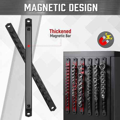 ALOANES 3-Piece Magnetic Socket Organizer, Heavy Duty Aluminum Socket Rails Organizer, 360¡Æ Swivel Clips Socket Holder Kit for Tool Box, 1/2-Inch Socket Holder x 36 Clips (Black)