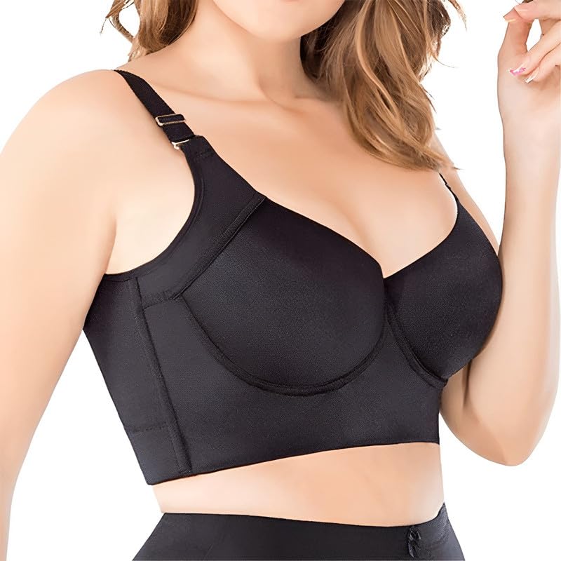 OLikeFit Women Filifit Sculpting Uplift Bra Fashion Deep Cup Bra Hide Back Fat Full Back Coverage Bra with Shapewear Incorporated, Black, 48D