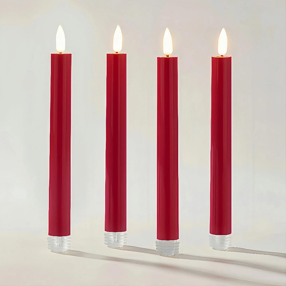Simplelight Red Flameless Taper Candles with Timer, 9 Inch, Pack of 4