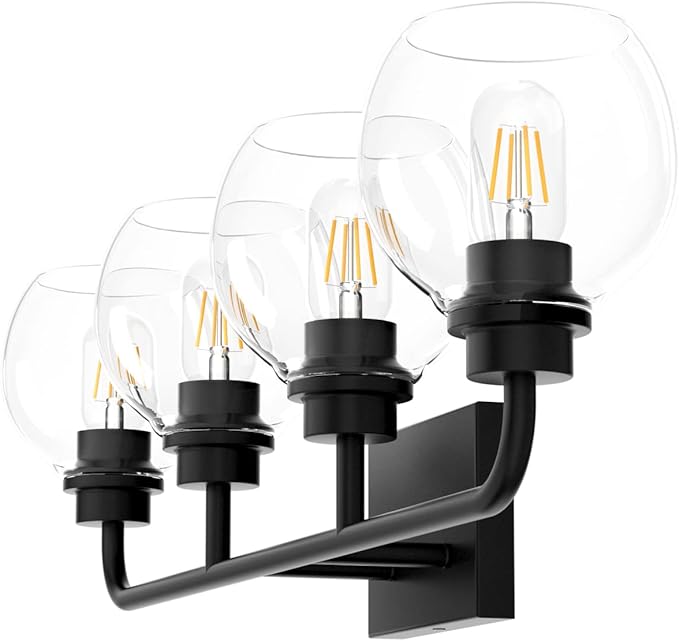 Tipace Industrial Bathroom Vanity Lighting Fixtures 4-Lights Vintage Black Finish with Globe Clear Glass Vanity Lights Farmhouse Bath Lighting(Exclude Bulb)