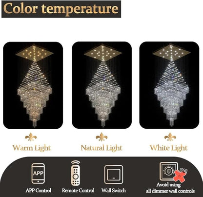 Flashing God D48''X H120'' Extra Large Chandeliers for High Ceilings Black Square Chandeliers Crystal Raindrop Chandelier for Villa Entrance Foyer LED Dimmable 2700K-6000K