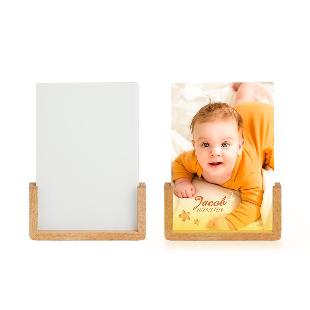 PYD Life 2 Pack Sublimation Night Lights Blanks LED Glass Photo Frames Panels White 5" x 7" with Warm Light,with Wood Stand for Custom Photos Designs, DIY Gifts for Couples, Family