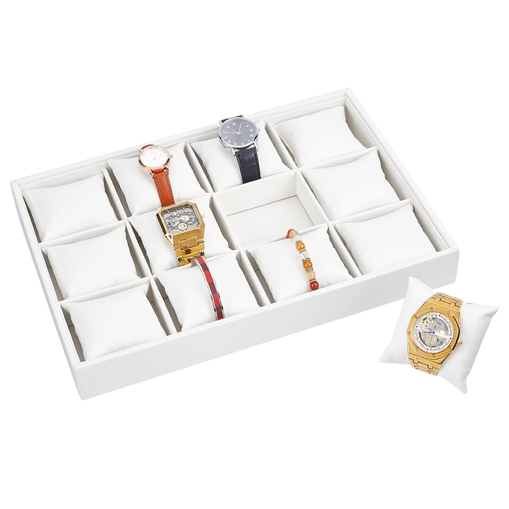 PH PandaHall Leather Watch Tray, White 12 Grid Watch Organizer Jewelry Tray Stackable Bracelet Bangle Display Case Holder Jewelry Show Trays Watch Drawer Organizer for Men Women Watches
