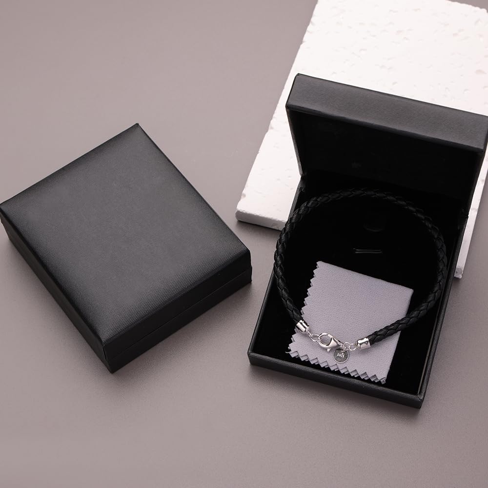JEVINDA Leather Bracelet for Men Women 4MM Braided 925 silver Clasp 20/21cm with Jewelry Gift Box Handcrafted (Black, 7.8'')