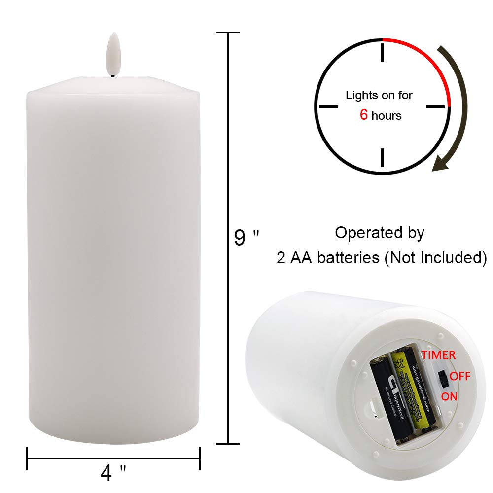DRomance Large White Flameless Candle Battery Operated with 6 Hour Timer, Real Wax Flickering LED Candle Indoor Wedding Dinner Christmas Decor(4" x 9")