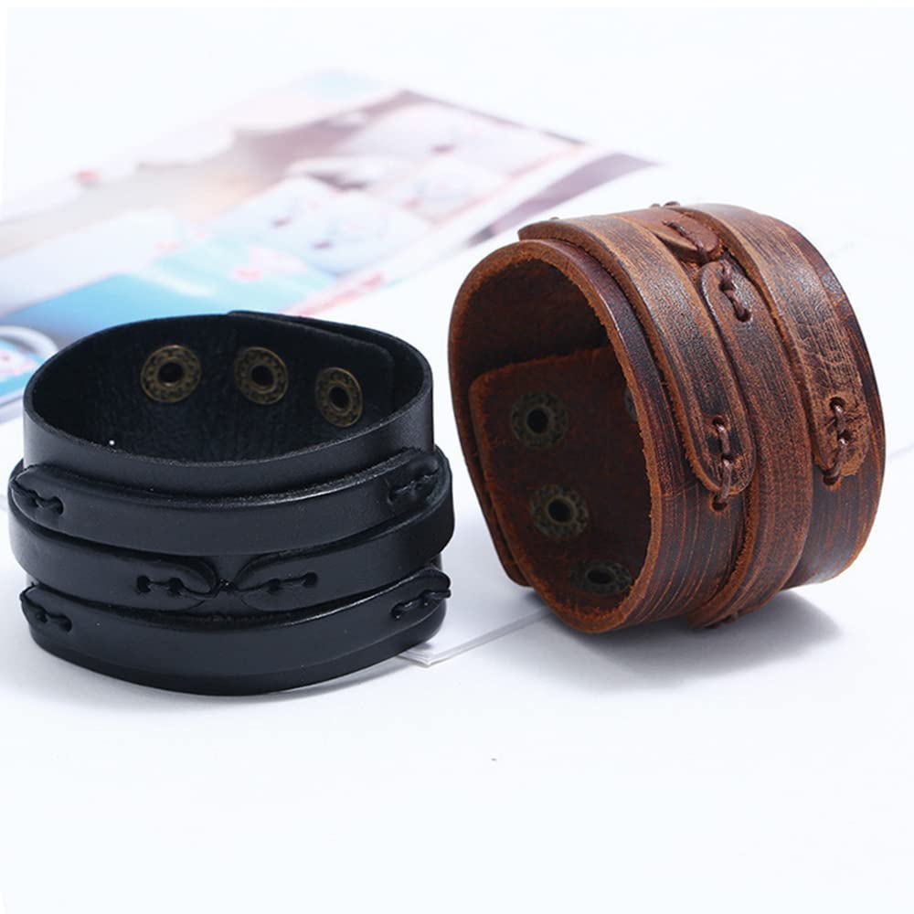 NIGHTCRUZ Punk Leather Cuff Bracelet, 2PCS Vintage Leather Wristband for Men Women