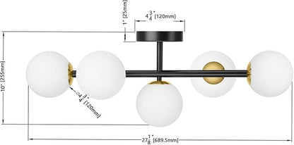 Mid Century Modern Bathroom Vanity Lights, 5-Light Bathroom Light Fixtures Black and Gold Bathroom Lights Semi-Flush Mount Ceiling Light, Wall Sconces Wall Light with Globe Frosted Milk Glass, G9 Base