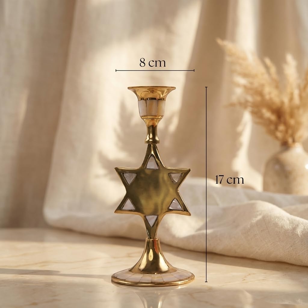 House of Wemy Star-Shaped Brass & Mother of Pearl Candle Holder for Taper Candles | for Home Decor, Bedroom, Living Room Decor, Table Centerpieces & Festival Decoration (8x8x17 cm)