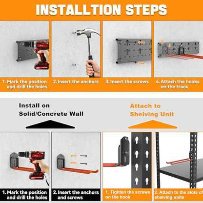 TORACK Garden Tool Organizer Wall Mount, Garage Folding Chair Storage Rack, Tools Rack for Shovels, Rakes, Broom, Ladders, Hooks for Keyhole Style Shelving Unit