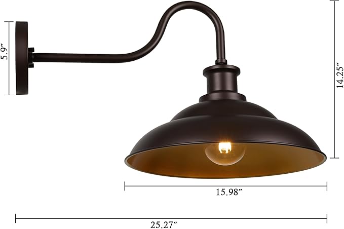 Outdoor Gooseneck Barn Light Fixtures, 16 Inch Dome Large Wall Sconces, Farmhouse Exterior Wall Mount Lights for House Garage Patio Doorway, Oil Rubbed Bronze, 2 Pack