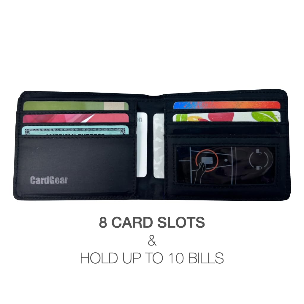CardGear RFID Blocking Full Size Bifold Wallet with 8 Card Slots, 1 Key Pocket, Cash Divider, and Large ID window, Come with ECO-friendly Gift Box (Vegan Leather, Black)