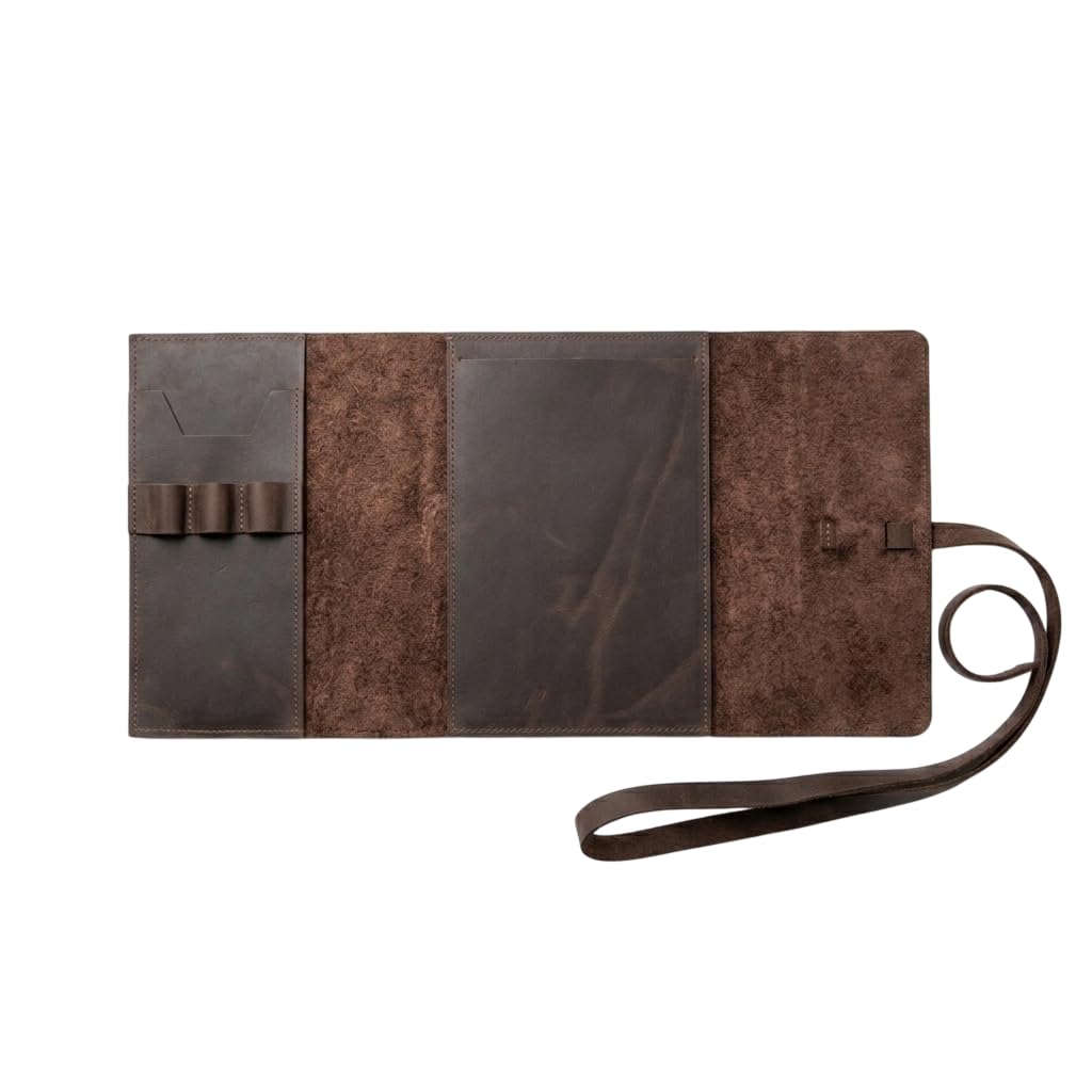 TORAKIP Leather Sketchbook Cover A5 – Refillable Notebook Holder with Pen Loops & Strap Closure, Genuine Leather Journal Cover for Artists & Writers, Fits 5.8" x 8.3" (Paper Not Included), Brown