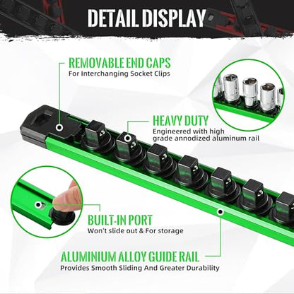Magnetic Socket Organizer, 3-Piece Heavty Duty Aluminum Socket Holder, Socket Rail for Tool Box, Premium Quality 360¡Æ Swivel Socket Rack with 42 Clips for 3/8-Inch(Green)