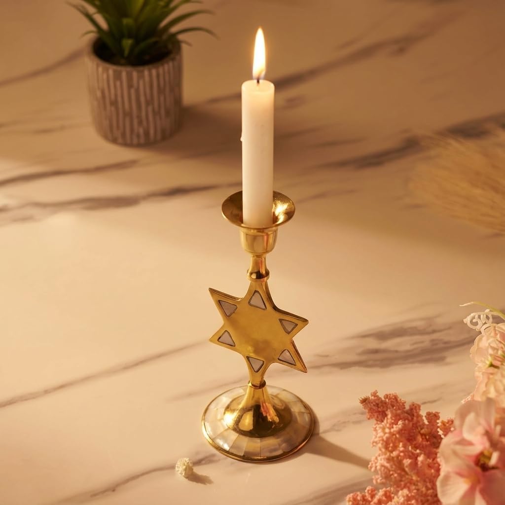 House of Wemy Star-Shaped Brass & Mother of Pearl Candle Holder for Taper Candles | for Home Decor, Bedroom, Living Room Decor, Table Centerpieces & Festival Decoration (8x8x17 cm)