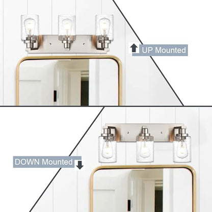 Brushed Nickel Bathroom Vanity Light Over Mirror, 3-Lights Metal Wall Lighting Fixtures with Seeded Glass Shades