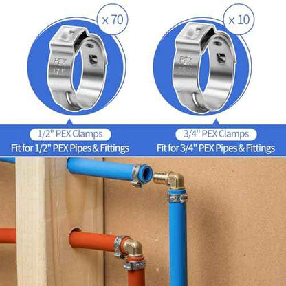 PEX Cinch Clamp Tool Kit, 3/8" to 1" PEX Pipe Clamp Cinch Tool with 30 pcs 1/2" Brass PEX Fittings Combo, 1pcs Pipe Cutter, 70 pcs 1/2" PEX Cinch Clamps, 10pcs 3/4" PEX Cinch Clamps