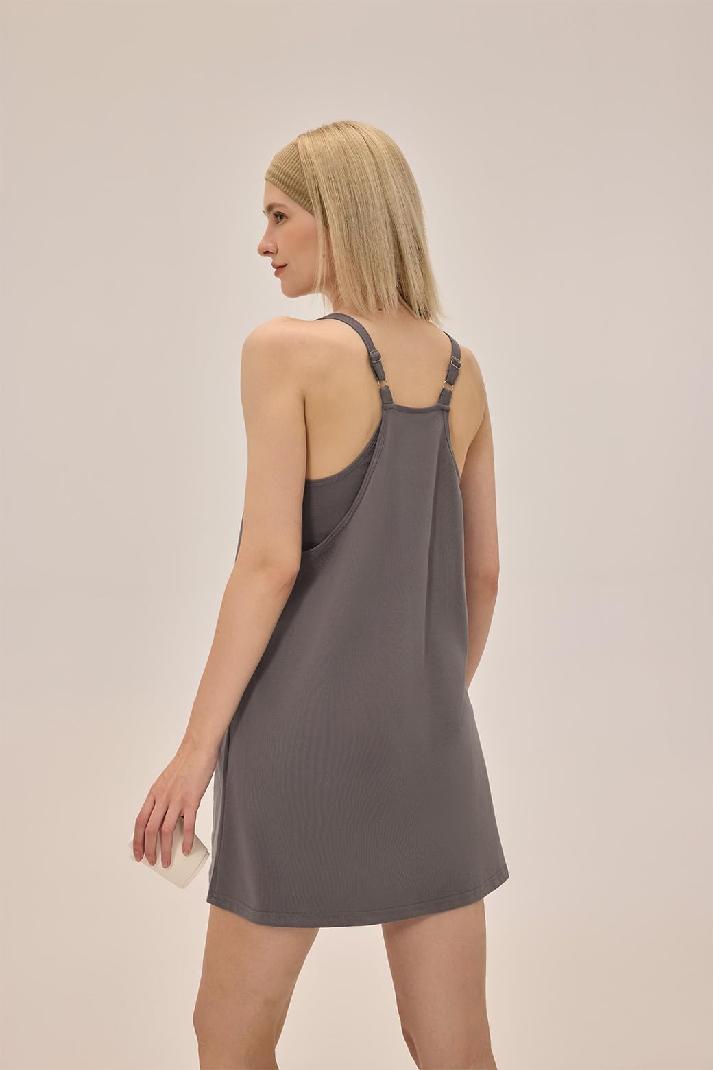 AMTOSS Women Summer Romper Dress V Neck Spaghetti Straps Mini Workout Athletic Dress Built-in Shorts Tennis Running Yoga Dark Grey