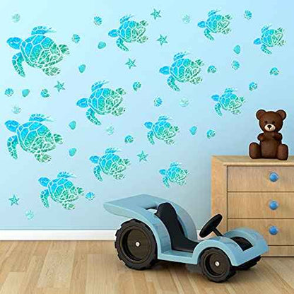Outus 46 Pieces Sea Turtle Wall Decals Ocean Turtle Vinyl Stickers Underwater Bathroom Decals Starfish Shell Wall Sticker Waterproof Ocean Sticker Decoration for Home Office Nursery Bathroom Toilet