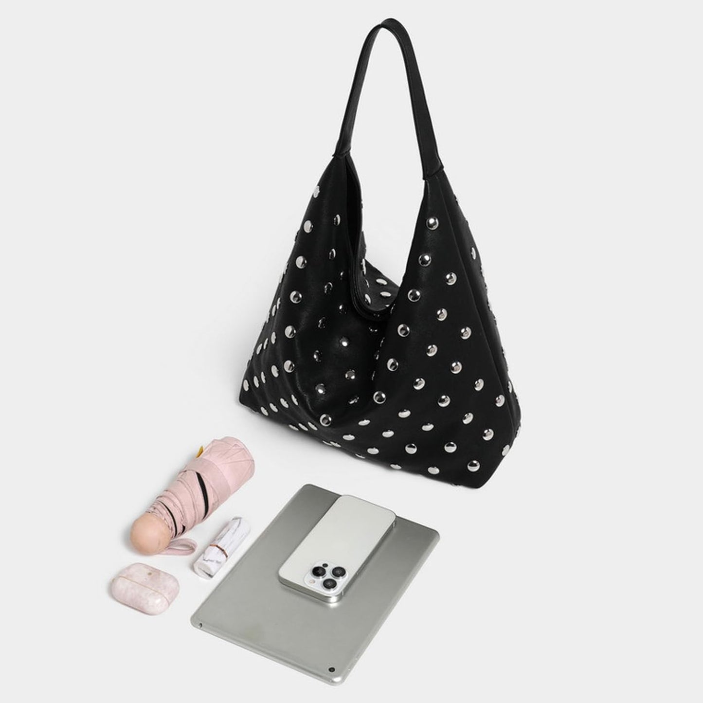 Liziblloy Studded Purse Soft Leather Studded Bags for Women Studded Slouchy Hobo Shoulder Handbag Tote Purse,Black
