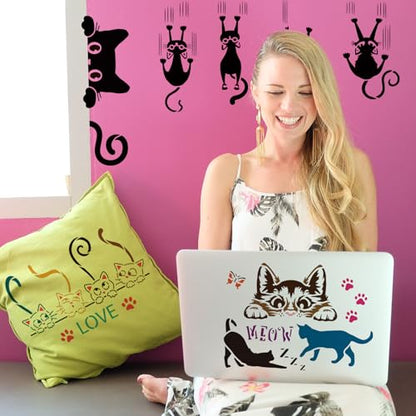 FINGERINSPIRE 5 PCS Peeking Cat Painting Stencil with 1 Pc Paint Brush Reusable 5 Styles Cat Pattern Painting Stencil Animal Cat Stencil for Painting on Wood Floor Wall Furniture DIY Home Decor