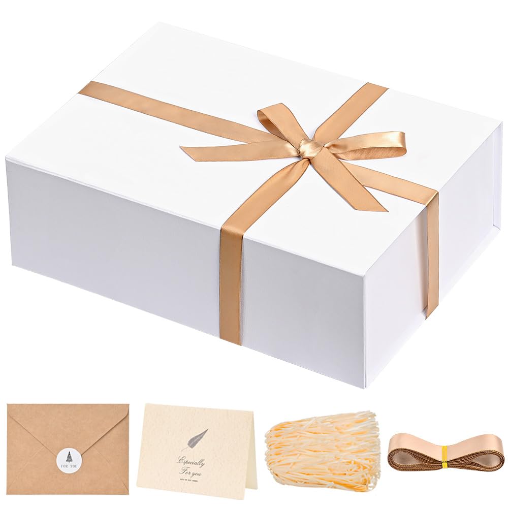 LIFELUM White Gift Box 13.85 x 8.35 x 4.45 inch Gifts Box for Bridesmaid Proposal Gifts for Wedding with Card, Ribbon, Shredded Paper Filler Shirt Boxes for Presents (1 Pcs)