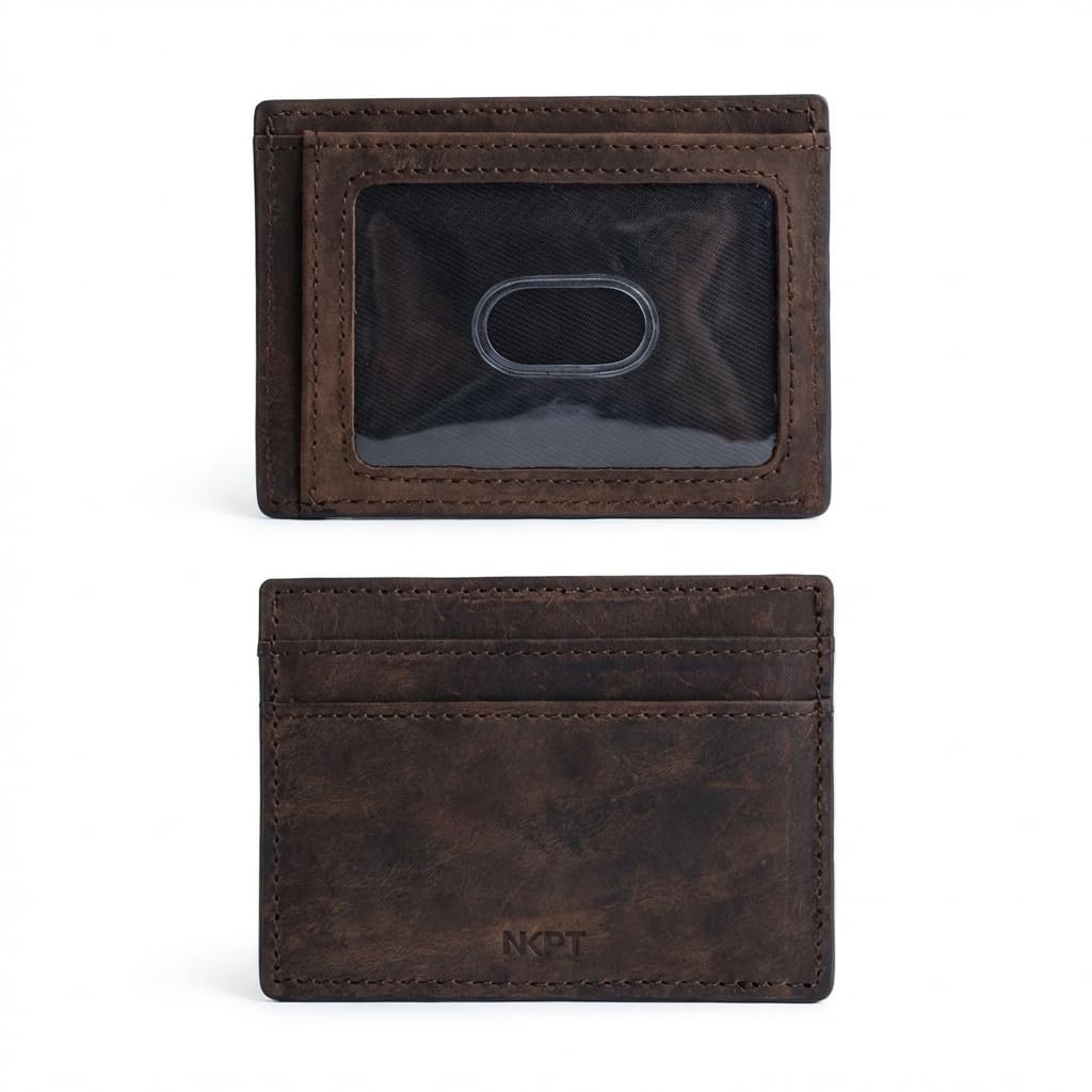 NKPT Thin RFID Leather Credit Card Holder Wallet for Men or Women | Small Slim Design, Brown