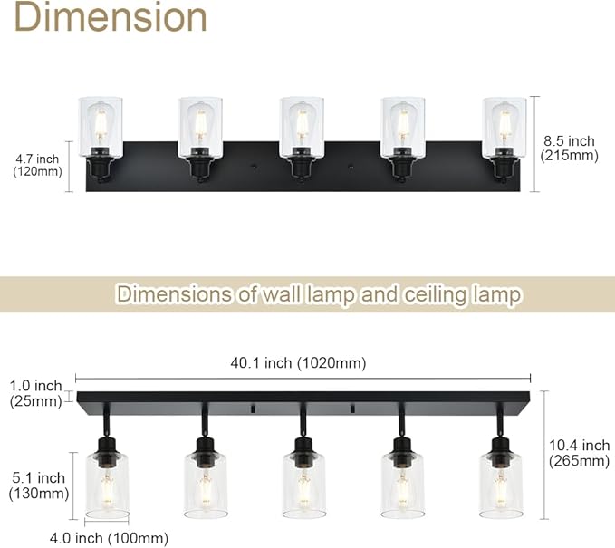 VINLUZ 5 Light Black Bathroom Spotlight Fixture with Rotatable Light Head Indoor Vanity Lighting with Clear Glass Shade Metal Ceiling Mount Fixture