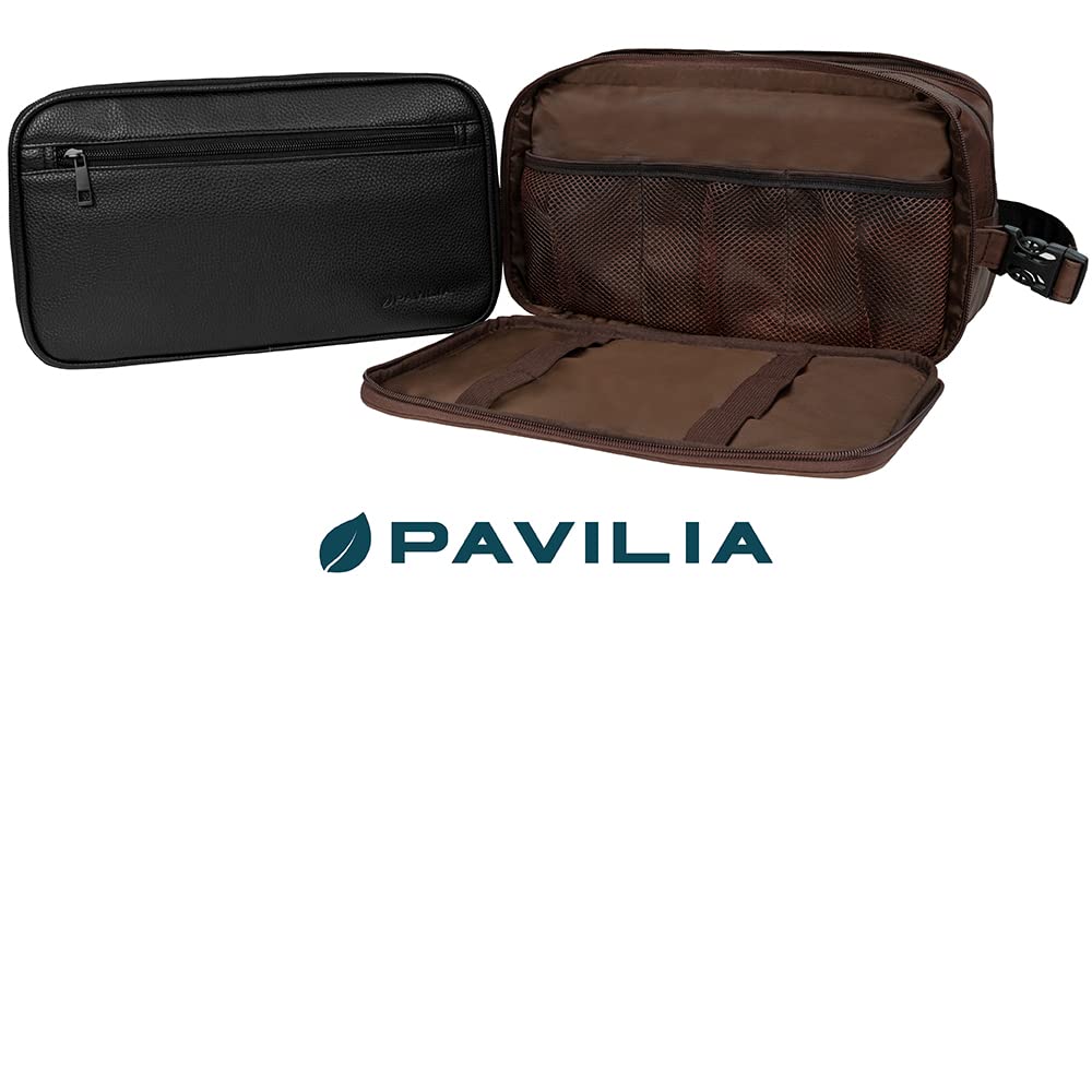 PAVILIA Toiletry Bag for Men, Travel Toiletries Bag | Water-resistant Dopp Kit, PU Leather Shaving Pouch Organizer for Accessories, Cosmetic, Hygiene, Grooming Essentials (Dark Brown)