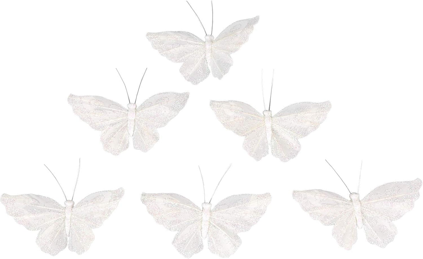 FEAGHYL-3" White Feather Butterfly Decorations with Wire Stem,Christmas Tree Ornaments, Set of 12 (C)
