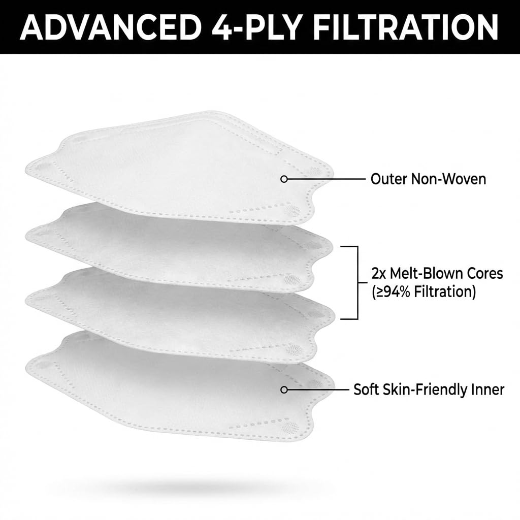 HINCINK KF94 Face Masks, 30 Pack Individually Wrapped, 4-Ply Breathable & Comfortable Safety Mask, Black Protective Cup Dust Masks Unisex Outdoor Safety Protection for Adult (30, White)