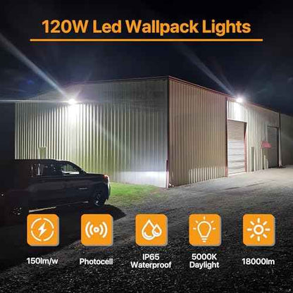 120W LED Wall Pack Light with Dusk to Dawn Photocell 18,000LM(150LM/W) Wall Mount Flood Light Outdoor IP65 Waterproof 5000K Led Security Commercial Area Lighting for Yard, Garage, Barn
