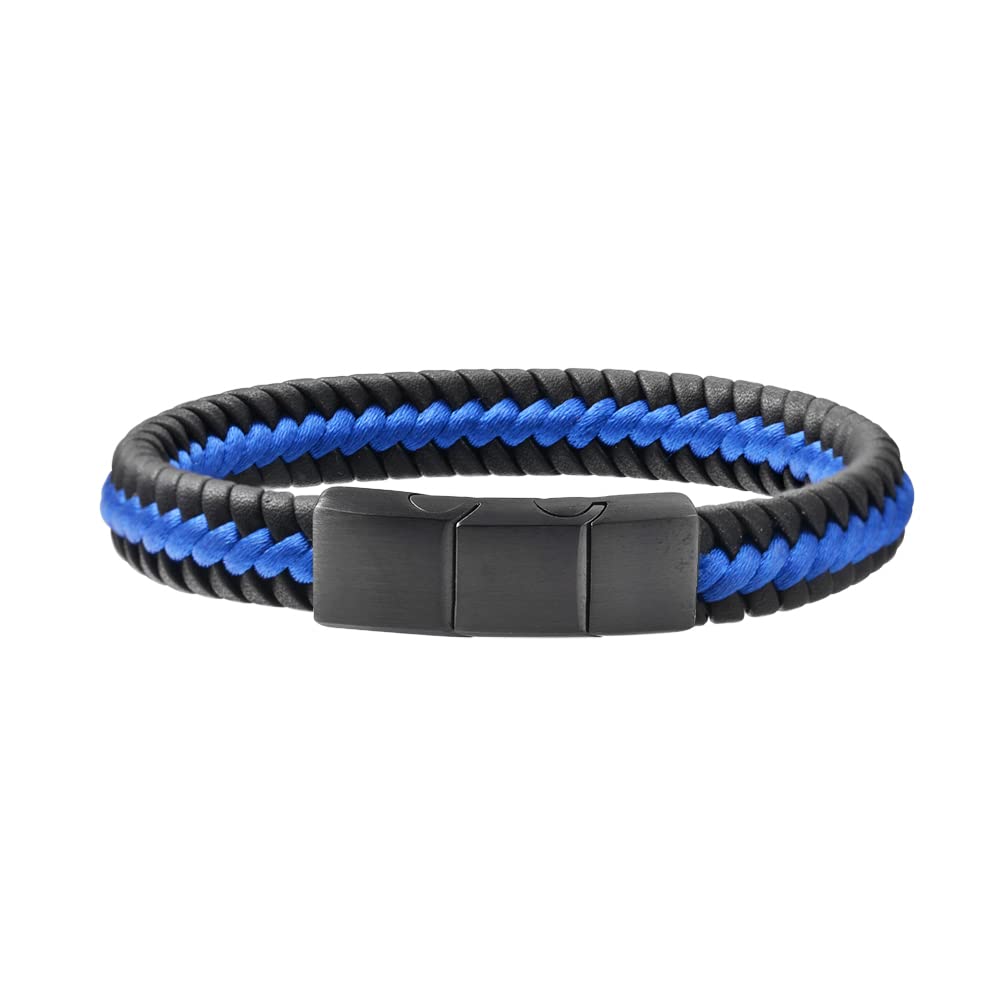 Magna Steel Men's Braided Genuine Leather Cord Bracelet (Navy Blue)