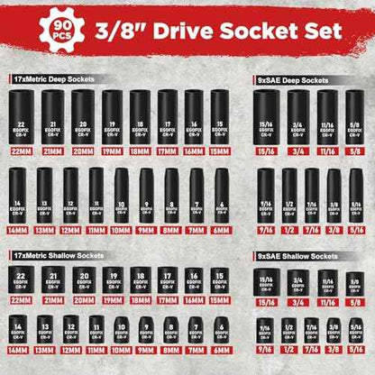 3/8" Drive Impact Socket Set, 90 Piece Metric Socket (6-22mm) and Standard SAE Size (5/16-15/16 inch) 6 Point, with 72-Teeth Ratchet Wrench, Mechanics Tool Kit for Automotive Repair