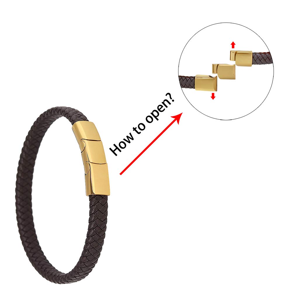 Geoffrey Beene Men's Braided Genuine Leather Bracelet with Stainless Steel Closure (Brown, Gold)