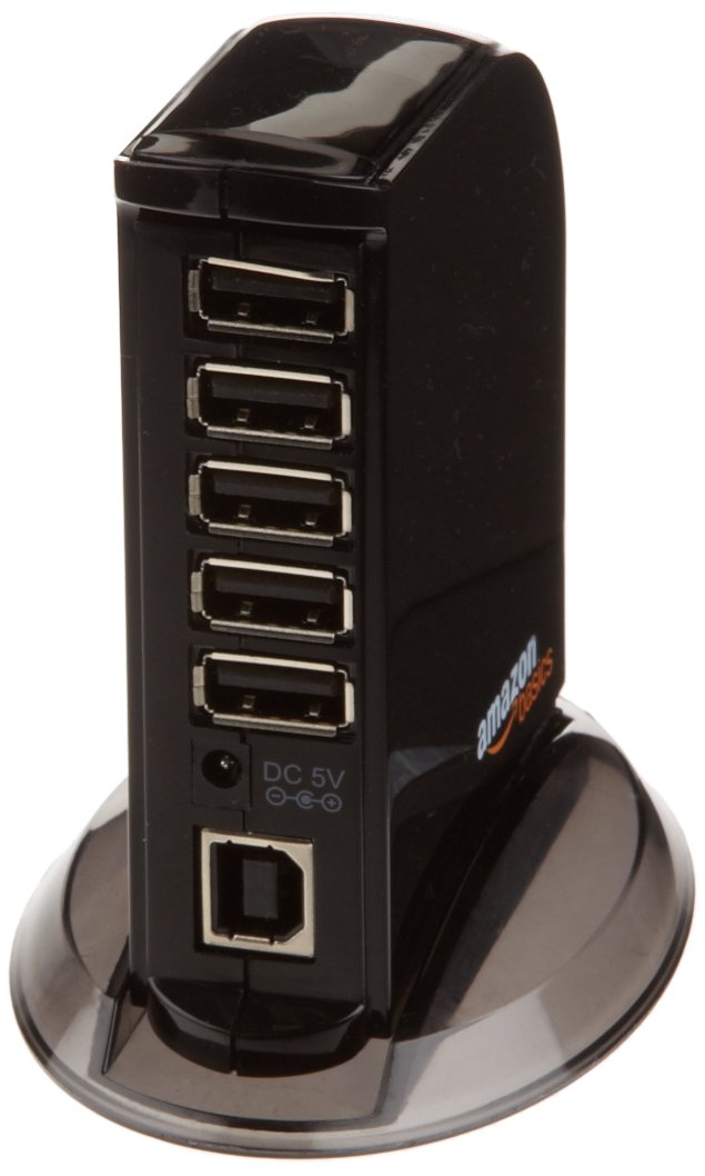 Amazon Basics 7 Port USB 2.0 Hub Tower with 5V/4A Power Adapter, Plug and Play, Charging Ports, Black