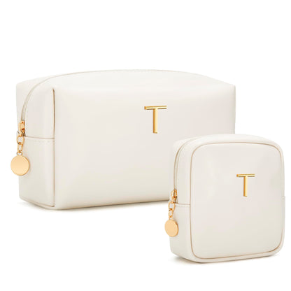 CLOUDWINGS Personalized Birthday Gifts for Women - Initial Makeup Bag Set Travel Toiletry Bag Cosmetic Bags Soft Waterproof PU Leather Makeup Pouch Travel Essentials (T, 2pcs Beige)
