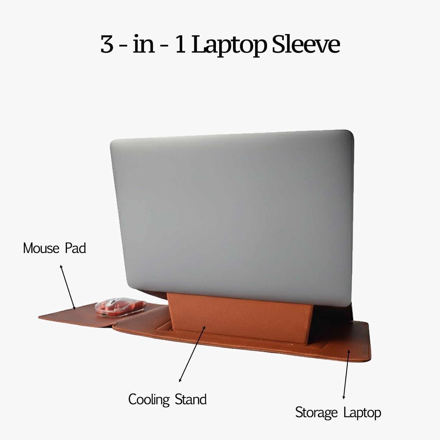Gyanm 4-in-1 Laptop Sleeve with Stand and Mouse Pad, Faux Leather Protective Case with Accessory Pouch for 13.3-14 Inch Laptops, Brown