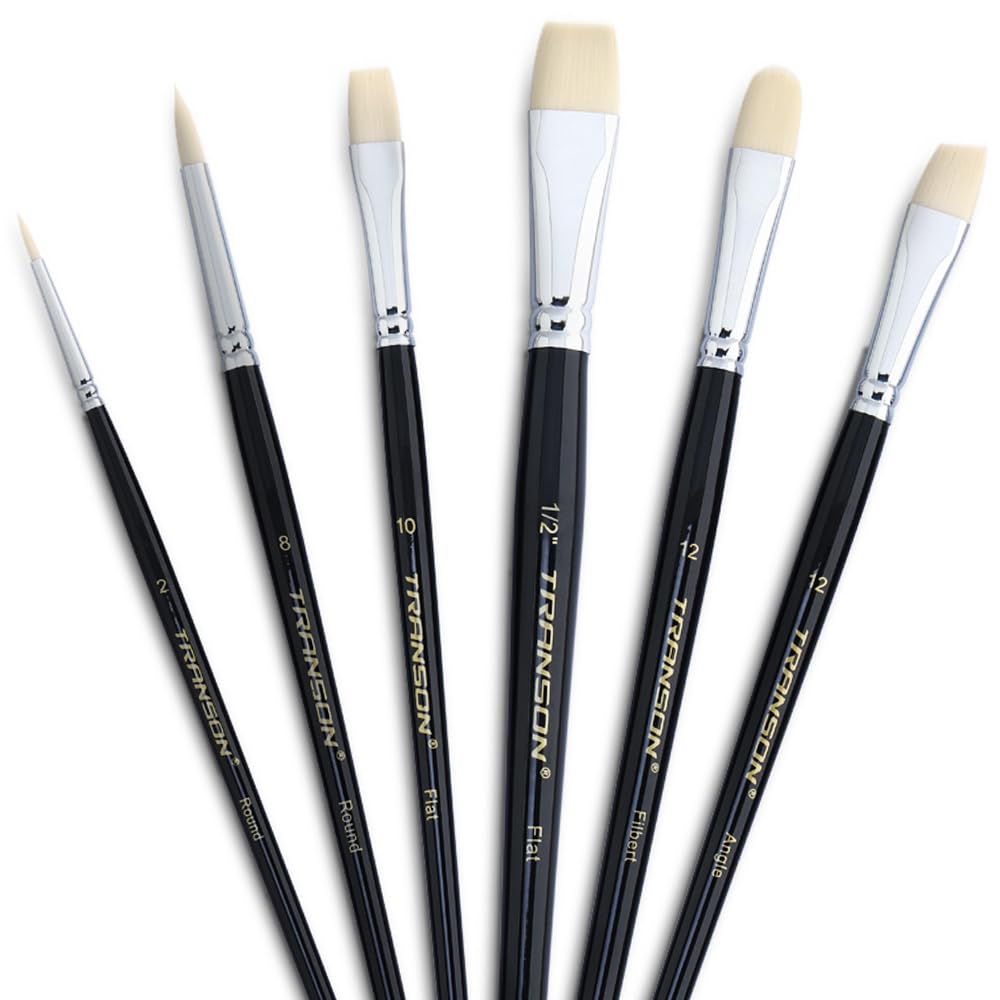 Transon Paint Brush Set 6pcs Art Painting Flexible Bristle for Acrylic Watercolor Gouache Oil Leather Canvas and Face Painting