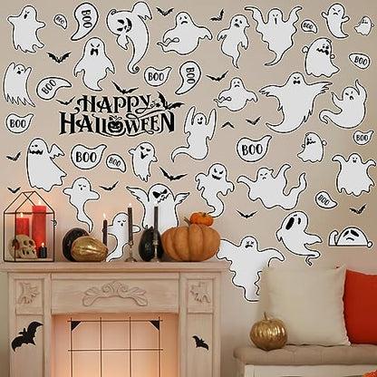 61 Pcs Halloween Ghosts Wall Stickers Decals Halloween Ghost Decorations for Home Room Windows Clings Fireplace Ceiling Kitchen Bedroom Decor Party Supplies