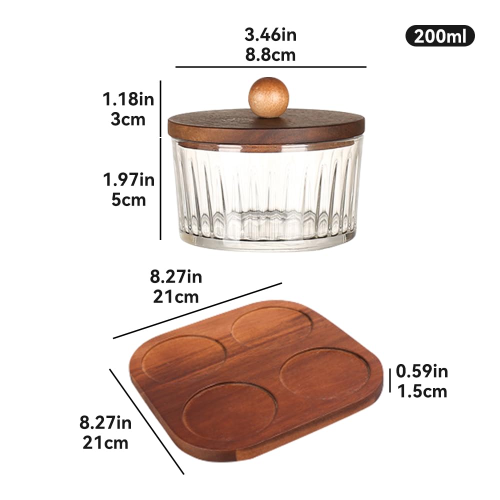 ANQIA Round Glass Snackle Box Container Snack Organizer and Fruit Platter with Acacia Wood Lids and Tray Divided Serving Tray for Nuts Candy Dry Fruits (4 Jars)